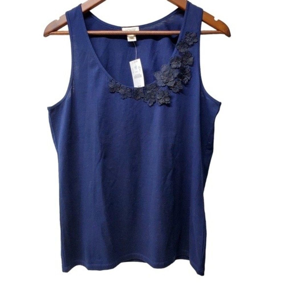 J. CREW FACTORY Navy Blue Floral Appliqué Sleeveless Tank Top Cotton